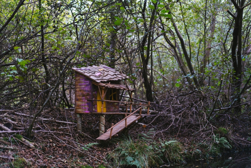 A miniature house made of woodland materials sits beneath the trees
