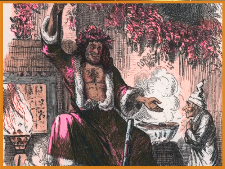 Imagen de dos personajes de la novela Cuento de Navidad. A la derecha está el fantasma de la Navidad presente y a la izquierda Scrooge.