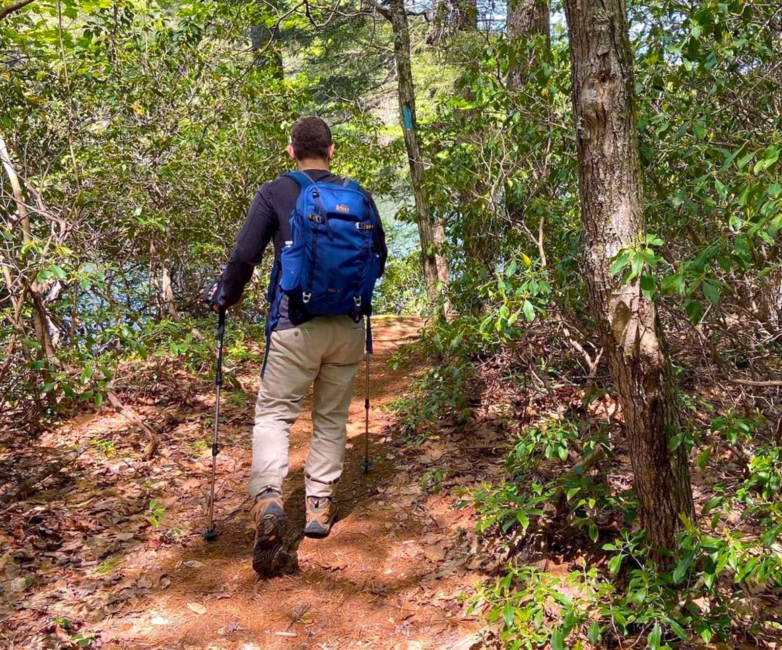 man with a backpack walking on a trail in the woods.