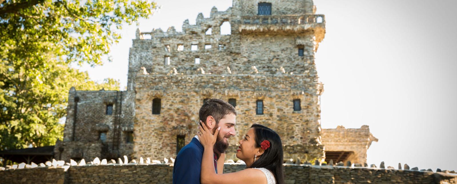 Image of newly married couple in front of Gillette Castle (@nickcineaphotography)