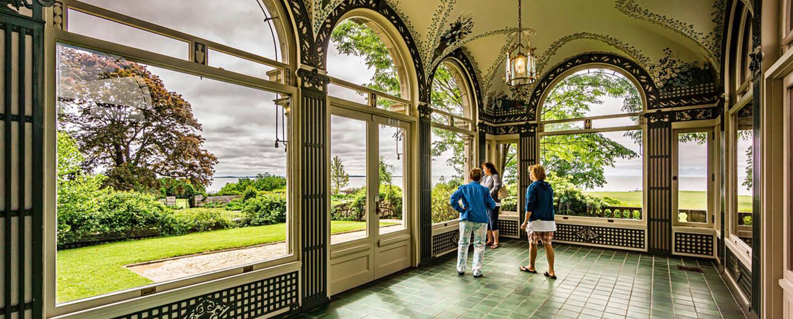 Interior of Harkness Memorial enjoyed by group of friends