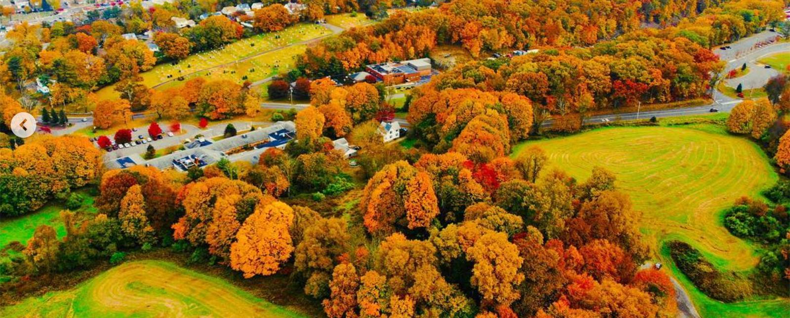 Aerial view of fall trees and town (Instagram@valley_aerial_optics)