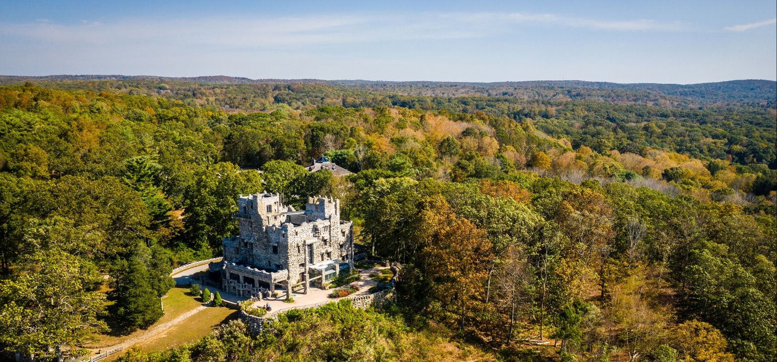 Aerial shot of Gillette Castle in Spring