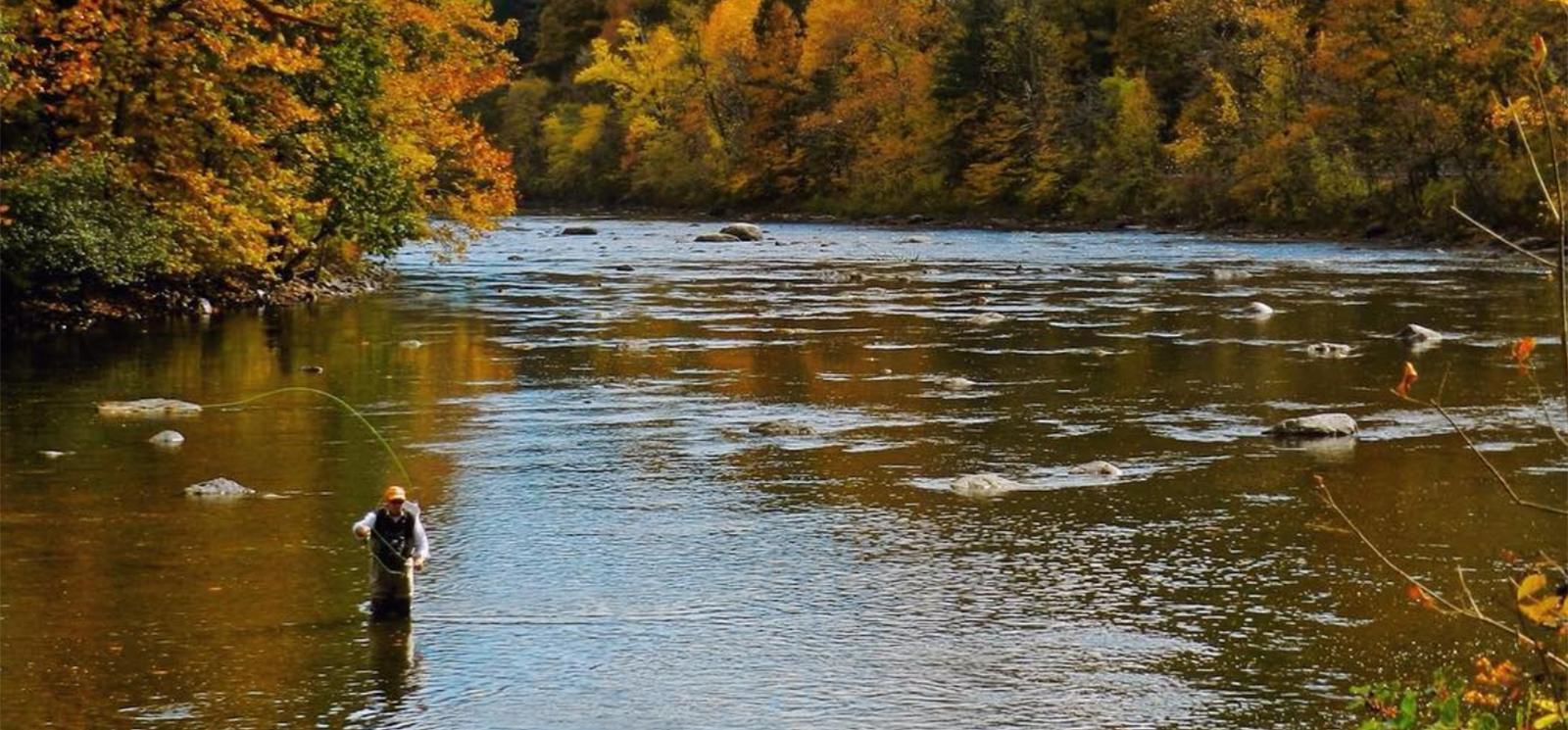 A man flyfishing in a river in the fall (Instagram@globetrotterscommunity)