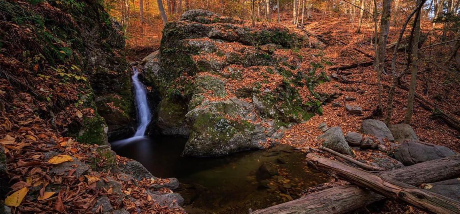 A small waterfall on the rocks in the woods in fall