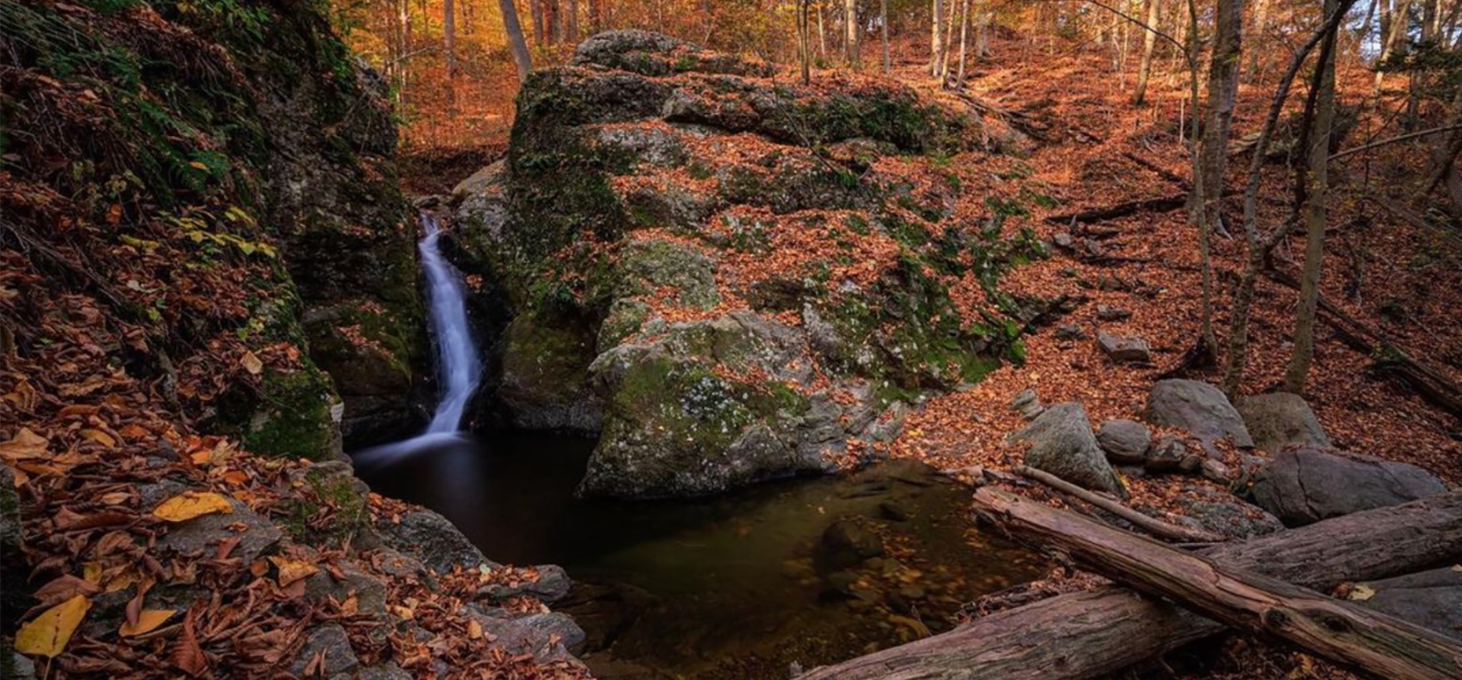 Una pequeña cascada en las rocas del bosque en otoño