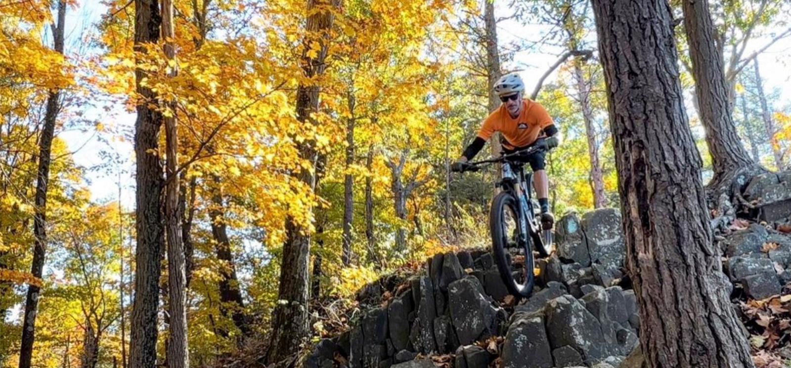 Un hombre en bicicleta de montaña bajando rocas en el bosque (Instagram@mikc.ferraro)
