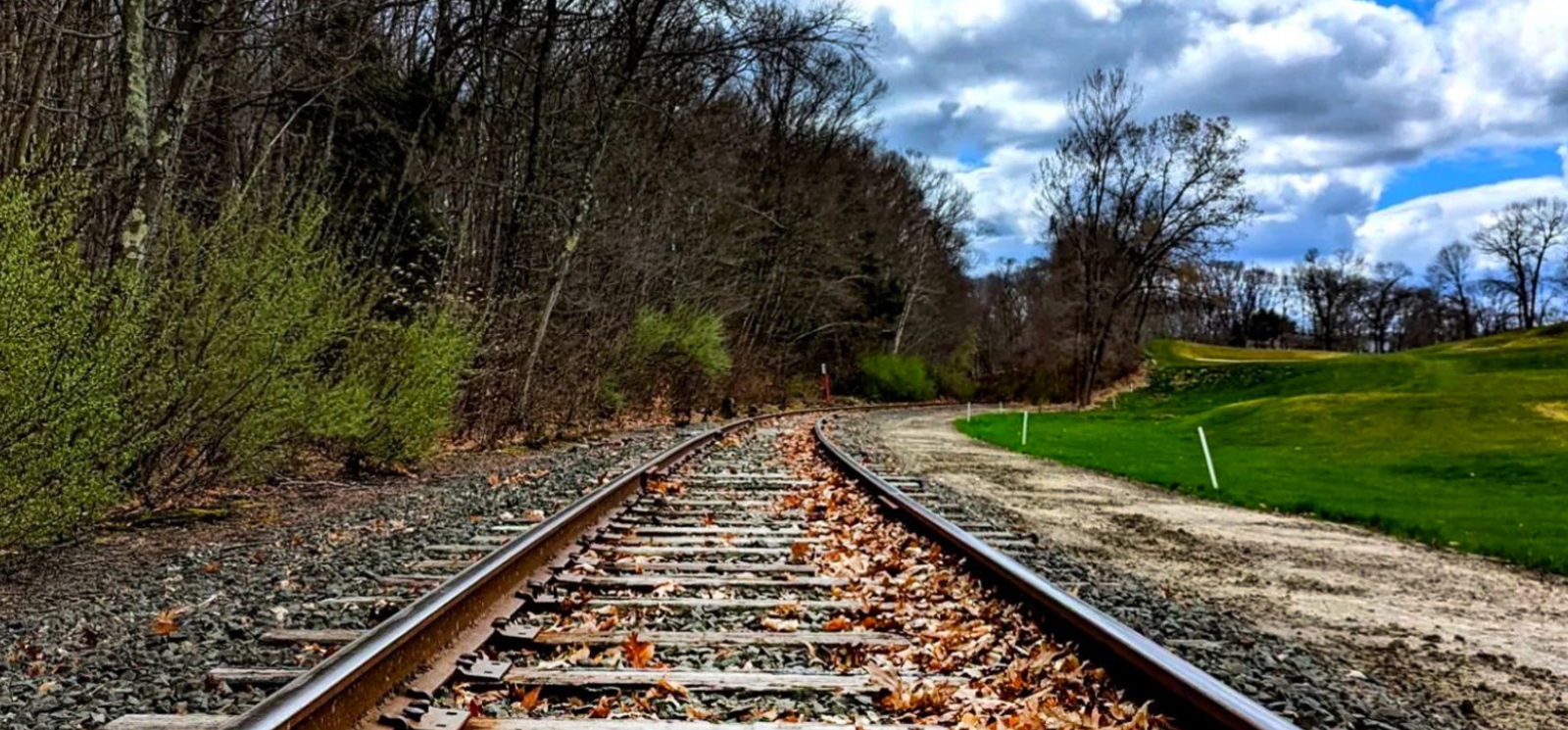 Una pintoresca vía de ferrocarril cubierta de coloridas hojas de otoño caídas.