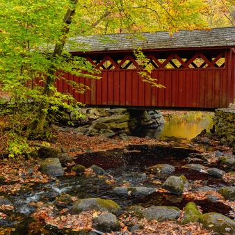 Fall covered bridge at Chatfield Hollow