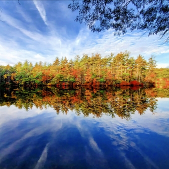 El agua refleja los árboles y el cielo en un hermoso día de otoño (Instagram@skamaniasteel)