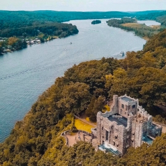 Aerial shot of Gillette Castle with CT River (Instagram@ct_shoreline)