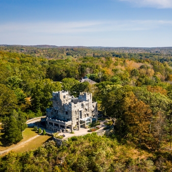 Aerial shot of Gillette Castle in Spring