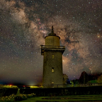 Nightime shot of Harkness Memorial Park tower (Instagram)