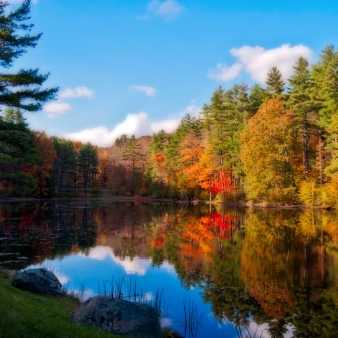 A pretty scene of water reflecting fall trees and sky (Flickr)