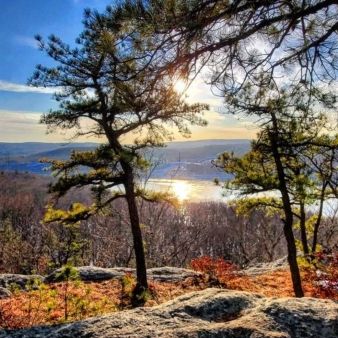 Rocks and trees atop a mountain overlooking beautiful landscape (Instagram@heyitsmeav)