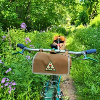 Una bicicleta estacionada en un sendero entre árboles verdes y flores (Instagram@calcutec_itensha)