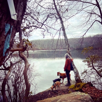 A woman standing with her dogs by the lake (Instagram@thefarthershegoes)