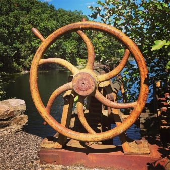 A large rusty wheel in the woods (Instagram@mike_lotsa_trees)