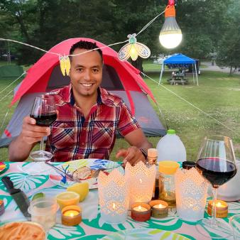 Man camping and picnicking at Hammonassett Beach