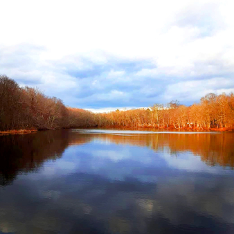 A calm pond nestled among the autumn trees with a cloudy sky above.