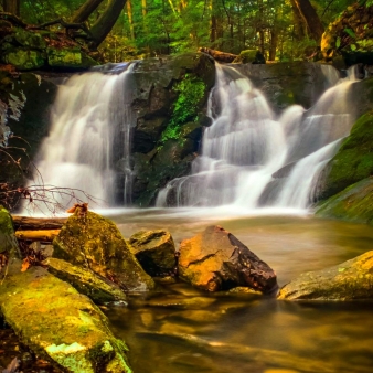 Cascada pintoresca rodeada de rocas y árboles en el bosque.