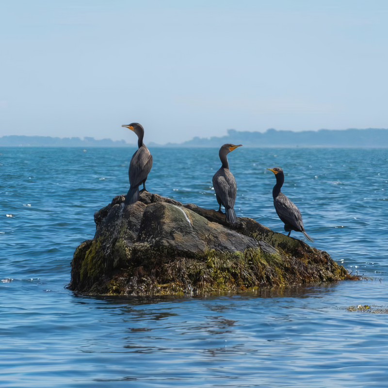 Group of birds perched on a rock in the water (Instagram@austin-puchalski)