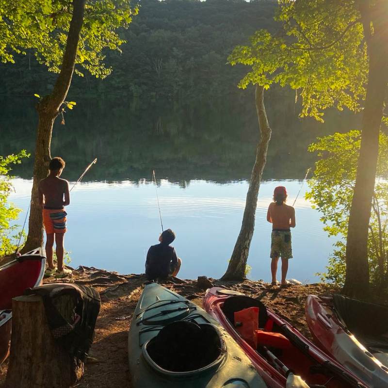 Un grupo de jóvenes pescando en la orilla boscosa de un lago.