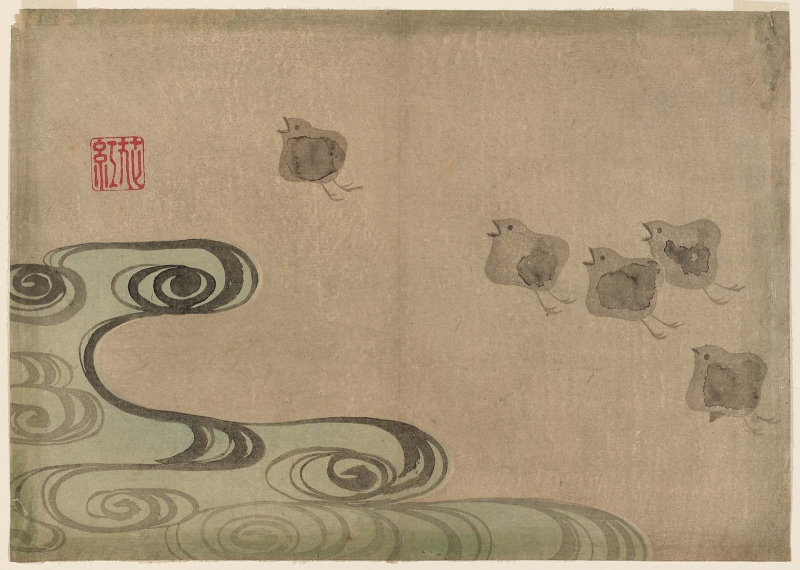 Image of five small birds or plovers next to waves.