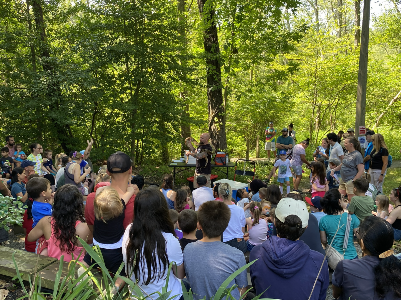 a group of people standing in the DSP outdoor amphitheater watching a reptile program with a large snake