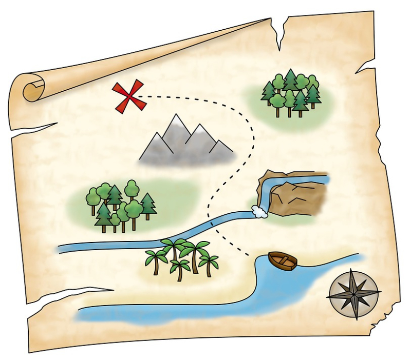 map with mountains, compass, and trees