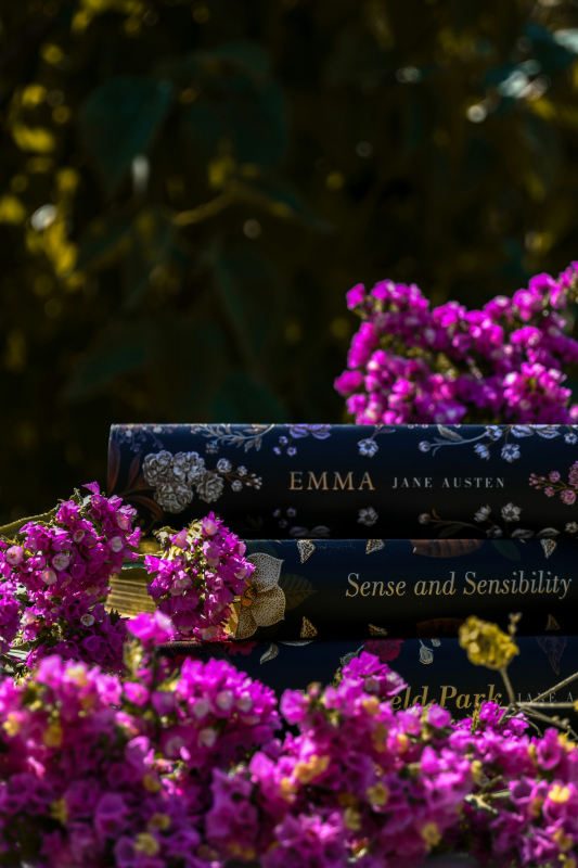 Picture of Jane Austen novels and purple flowers