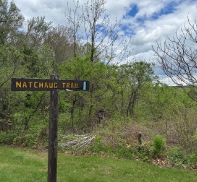 Señal del sendero Natchaug frente al bosque