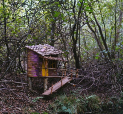 A miniature house made of woodland materials sits beneath the trees