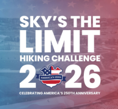 Sky's the Limit Hiking Challenge Logo on a red white and blue background