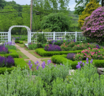 Jardines y pérgolas en la finca Kellogg. 