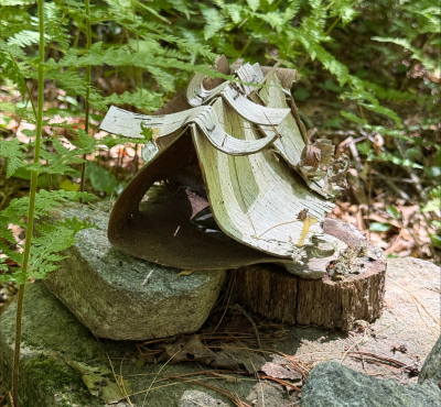 Little house made of bark and sticks on a log