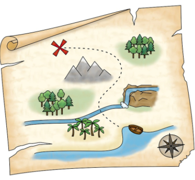 map with mountains, compass, and trees