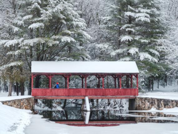 Escena invernal de una mujer en un puente cubierto en Stratton Brook State Park