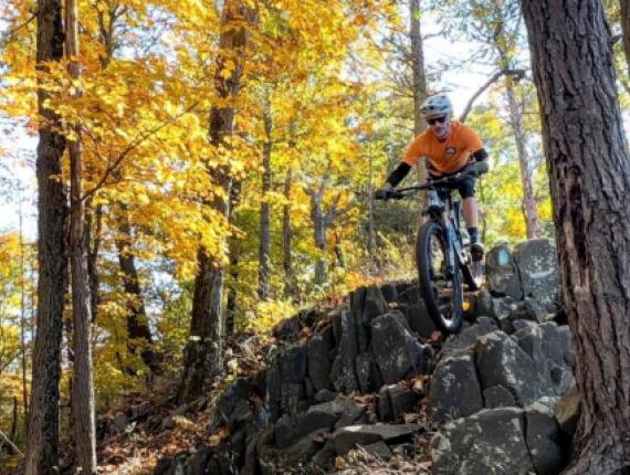 Un hombre en bicicleta de montaña bajando rocas en el bosque (Instagram@mikc.ferraro)