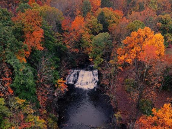 Toma aérea del Parque Estatal Wadsworth Falls en otoño (Instagram@lensofsoulphotography)